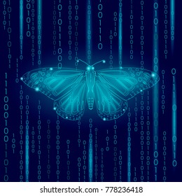 Technology nature concept. Binary code butterfly life ecology innovation inspiration computer digital abstract geometric glowing blue vector illustration