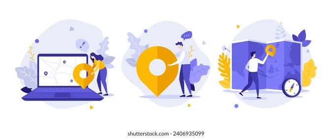 Technology of navigation flat concept vector illustrations set. Pin and find location on map cartoon composition. Tourists support and logistics creative idea for website, mobile, presentation