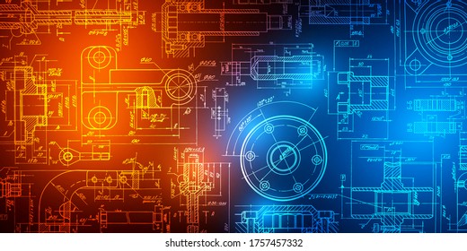 Technology neon background .Mechanical engineering drawings.Technical drawing background .Vector illustration.