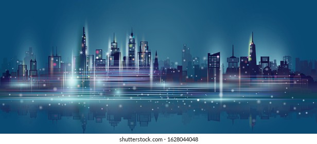 Technology neon in downtown skyscraper background, Modern cityscape skyline panorama view architecture futuristic, Vector illustration design network communication  in civilization city on dark blue.