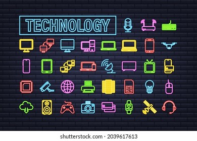 Icono de neón tecnológico en fondo oscuro. Tecnología de la información. Comunicación digital. Icono de dispositivo. Conexión de red global. Ilustración de material vectorial.