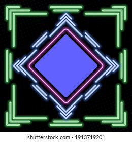 Tecnología de marco cuadrado de neón, formas multicolores con efectos brillantes sobre el fondo medio tono oscuro. Marcos de tecno neón. Un brillante telón de fondo de alta tecnología. Ilustración vectorial.