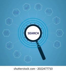 Technology Network Blue Background with Magnifying Glass