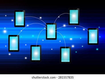 Technology network connection concept with smartphone tablet on blue abstract background, vector illustration