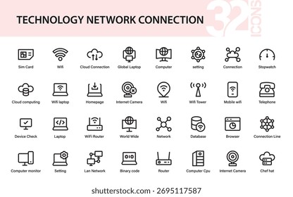 Technology Network Connection Icons. Modern digital devices, computer systems, and wireless communication line icon set.