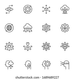 Technology, network connection icons set. linear style symbols collection, outline signs pack. vector graphics. Set includes icons as cloud computing, setting gear, maintenance, monitoring, vision
