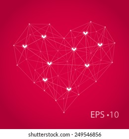 Technology Network Design white Heart, with dot, heart, line on red Background
