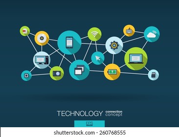 Technology network. Growth background with lines, circles, integrate flat icons. Connected symbols for digital, connect, communicate, social media and global concepts. Vector interactive illustration