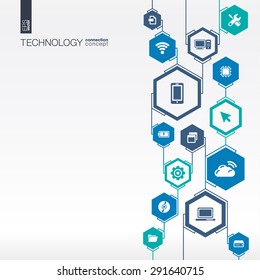 Technology network. Hexagon abstract background with lines, integrate flat icons. Connected symbols for digital, connect, communicate, social media and global concepts. Vector interactive illustration