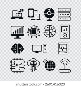 Ícones de tecnologia e rede: IA, computação em nuvem, análise de dados, Internet, servidor e símbolos de processador