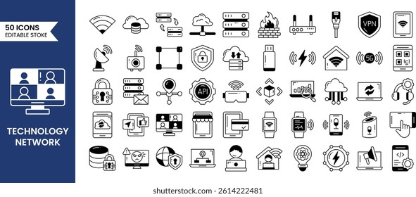 Technology Network line editable icons set in duotone style. Containing cloud storage, voice assistant, data analytics, internet, network security and more. Vector illustration