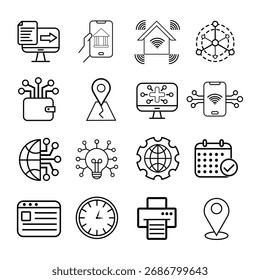 Technology and Network Line Icons Set – Digital Innovation, Smart Devices, and Internet Connection Symbols