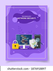 technology network security people around big computer shield protection network padlock for template of banners, flyer, books cover, magazines