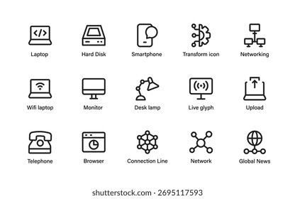 Conjunto de iconos de Tecnología y redes. Símbolos del Profesional para el ordenador portátil, el monitor, y las noticias globales, teléfono, transforman el icono lineal del estilo.