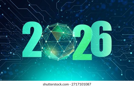 Technology New Year of 2026 in ai style. Calendar design of 2026 with neon number, wireframe ball and circuit board background. Vector banner 20 26.