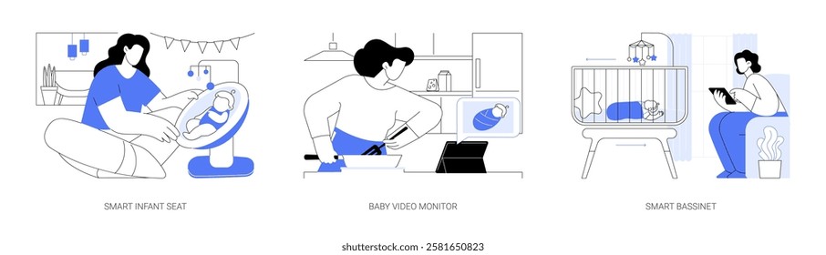 Technology for newborn isolated cartoon vector illustrations set. Happy mom shakes the baby in the smart seat, baby video monitor, young mother using smartphone to control bassinet vector cartoon.