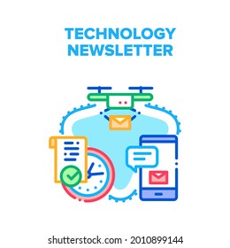 Technology Newsletter Sending Vector Icon Concept. Technology Newsletter Delivering With Drone Device, Fast Send And Delivery Message On Smartphone. Modern Electronics And Gadget Color Illustration