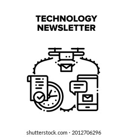 Technology Newsletter Sending Vector Icon Concept. Technology Newsletter Delivering With Drone Device, Fast Send And Delivery Message On Smartphone. Modern Electronics And Gadget Black Illustration