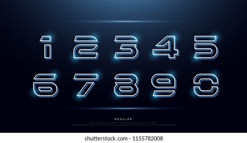 Technology Number Abstract Neon Font And Alphabet. Numbers Techno Effect Logo Designs. Typography Digital Space Concept. Vector Illustration