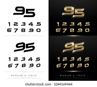 Technology Number Alphabet Golden Metallic And Effect Designs For Logo, Poster, Invitation. Exclusive Gold Numbers Letters Typography Font Digital And Sport Concept. Vector Illustration