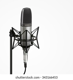 Technology object, sound recording equipment concept - Closeup studio 3d silver microphone with black cable on mic stand. realistic design, vector art image illustration, isolated on white background