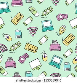 Technology objects seamless background.  Hand drawn vector illustration. Laptop, USB, monitor, printer, mouse, keyboard, phone, cable plug in.