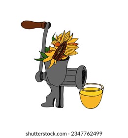 Technology of obtaining vegetable oil from sunflower using a meat grinder. Processing of sunflower seeds. Vector illustration in abstract style.
