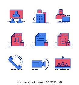 IT technology, office, business, calls, data exchange. Set of nine icons.
