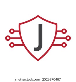 Technologie auf Buchstabe J mit Schildsymbol-Vektorvorlage