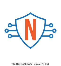 Technology On Letter N With Shield Symbol Vector Template