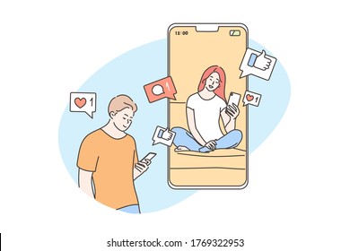 Technology, online, communication, media, quarantine concept. Young man boyfriend chatting with woman girlfriend on social network smartphone. Remote conversation during lockdown period illustration.