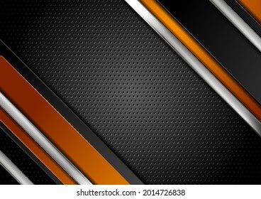 Technology orange and black abstract background with metallic stripes and perforated texture. Vector geometric design