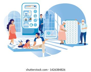 Technology Orthopedic Mattress. New Collection. Healthy Sleep. Health Care. Shop Assistant in Salon Mattresses. Choice for Whole Family. Vector Illustration. Modern Technologies. Anatomical Design.