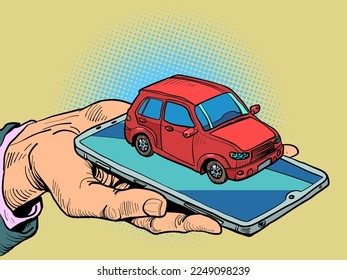 Technology is in our hands. Smartphone control. Phone in hand. Business man holding a smartphone. Car control on your phone. Red car.