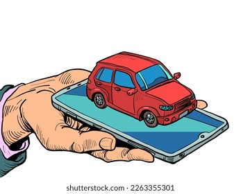 La tecnología está en nuestras manos. Control de smartphone. Teléfono en mano. Hombre de negocios sostiene un smartphone. Control de auto en tu teléfono. Coche rojo.