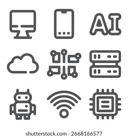 Technology outline icon set – 9 minimal vector icons with bold lines