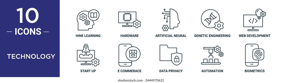 technology outline icon set includes thin line hine learning, hardware, artificial neural network, genetic engineering, web development, start up, e commerace icons for report, presentation,