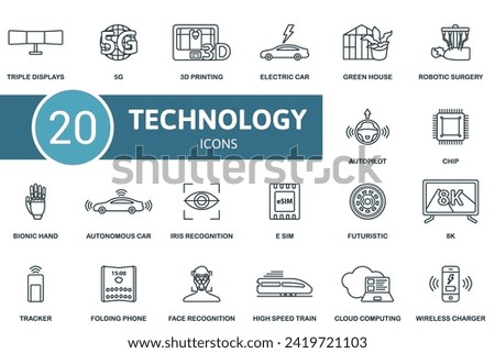 Technology outline icons set. Creative icons: triple displays, 5g, 3d printing, electric car, green house, robotic surgery, autopilot, chip, bionic hand and more