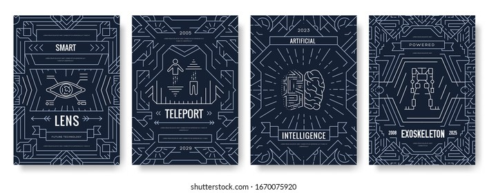 Technology outline invitation concept background. future thin line brochure cards set. Tomorrow tech template of flyear, magazines, posters, book cover, banners.  Layout quality modern pages