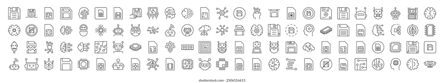 Technology Outline Simple Icons Bundle. Contains Icons of Brain, Chip, Robot, Artificial Intelligence that Can Be Used for Design of Cards, Posts, Apps, Web Sites
