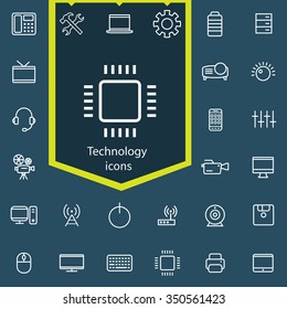 technology outline, thin, flat, digital icon set for web and mobile