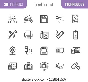 Technology outline web icon collection. 32x32 pixel perfect. Vector thin line creative design.