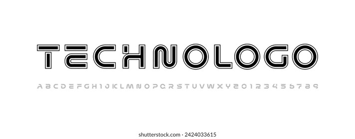 Die Technologie umreißt Schriftart, digitales Cyber-Alphabet im Futurismus-Stil, Buchstaben A, B, C, D, E, F, G, H, I, J, K, L, M, N, O, P, Q, R, S, T, U, V, W, X, Y, Z und Ziffern 0, 1, 2, 3, 4, 5, 6, 7, 8, 9, ve