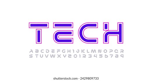 Technologie Konturen Schriftart, digitales Cyber-Alphabet gemacht Futurismus Stil, Buchstaben A, B, C, D, E, F, G, H, I, J, K, L, M, N, O, P, Q, R, S, T, U, V, W, X, Y, Z und Zahlen 0, 1, 2, 3, 4, 5, 6, 7, 8, 9