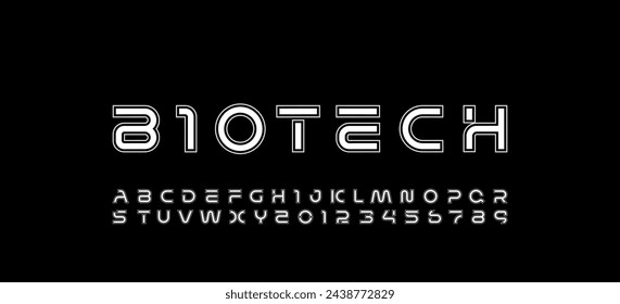 Technologie Konturen Schriftart, digitales Cyber-Alphabet gemacht Futurismus Stil, Buchstaben A, B, C, D, E, F, G, H, I, J, K, L, M, N, O, P, Q, R, S, T, U, V, W, X, Y, Z und Zahlen 0, 1, 2, 3, 4, 5, 6, 7, 8, 9