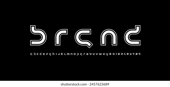 Technology outlines font, digital cyber alphabet made futurism style, lowercase letters A, B, C, D, E, F, G, H, I, J, K, L, M, N, O, P, Q, R, S, T, U, V, W, X, Y, Z and numerals 0, 1, 2, 3, 4-7, 8, 9