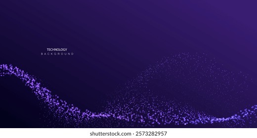 Technology particles banner. Dots dust ai big data stream waves neon purple background. Futuristic network connect vector motion design.