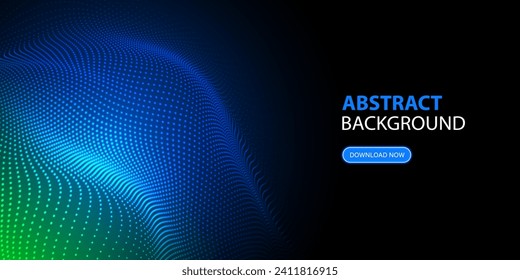 Technology particles dots background design. Flowing dot particles wave pattern blue and green. Big data technology background with glowing dots. Vector.