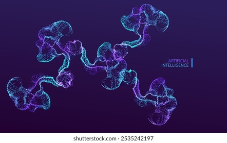 Banner de conexão neuronal de partículas de tecnologia. Pontos ai Big Data Neon Biologia de fundo. Inteligência Artificial rede de moléculas futuristas, design científico.