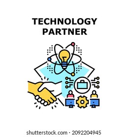 Technology partner business. Partnership handshake. relationship digital network. Deal agreement. Science cyber union vector concept color illustration